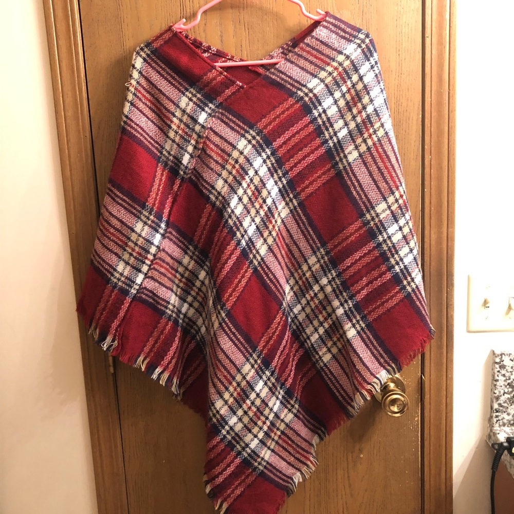 Red and White Sweater Poncho